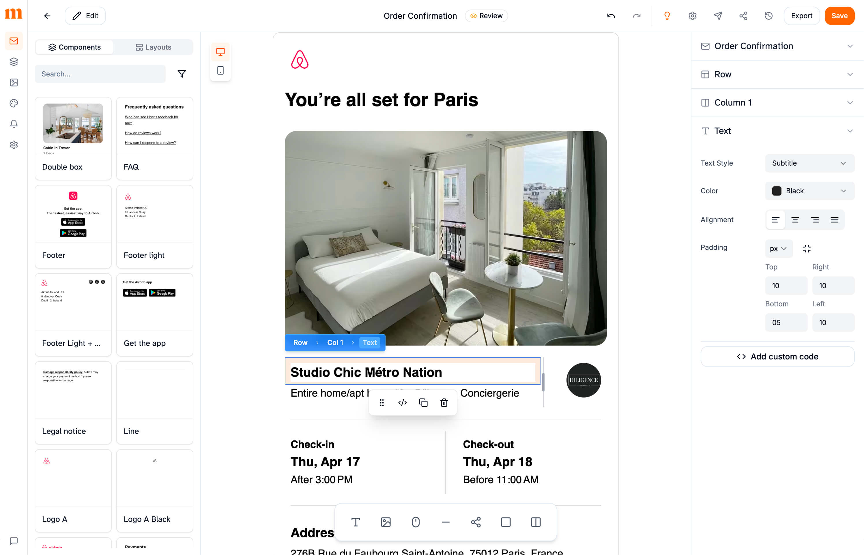 The Mailkick editor: reusable components on the left, the email canvas in the middle, style settings on the right